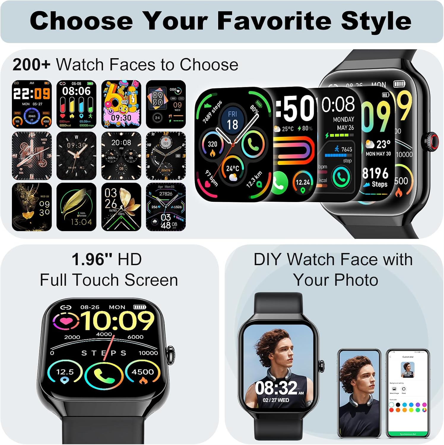 Smart Watch, 1.96" HD SmartWatch for Men Women Touch Screen Answer/Make Call, 100+ Sport Fitness Tracker IP68 Waterproof, Activity Tracker with Heart Rate SpO2/Sleep Monitor/Pedometer for Android iOS - Image 3